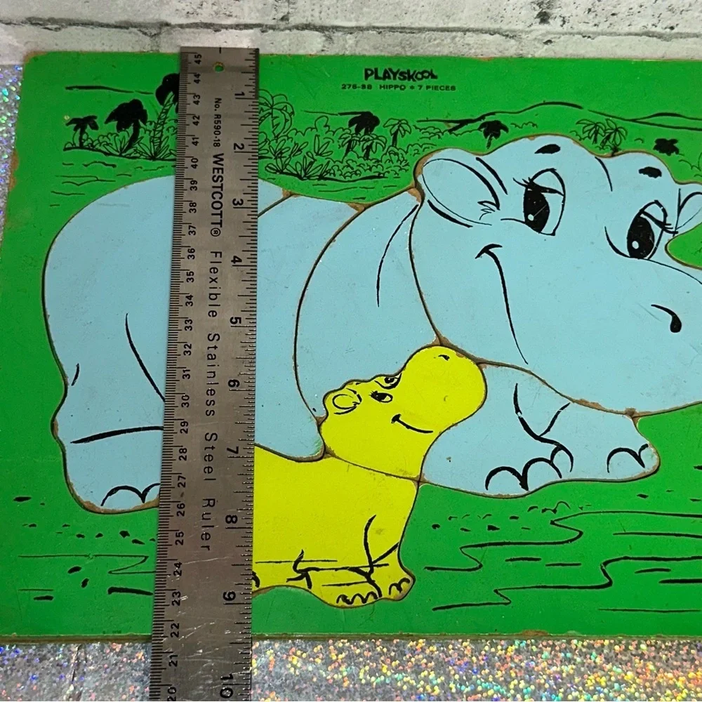 Playskool Vintage HIPPO Wooden 7 Pieces Puzzle Heavy Jigsaw Preschool COMPLETE